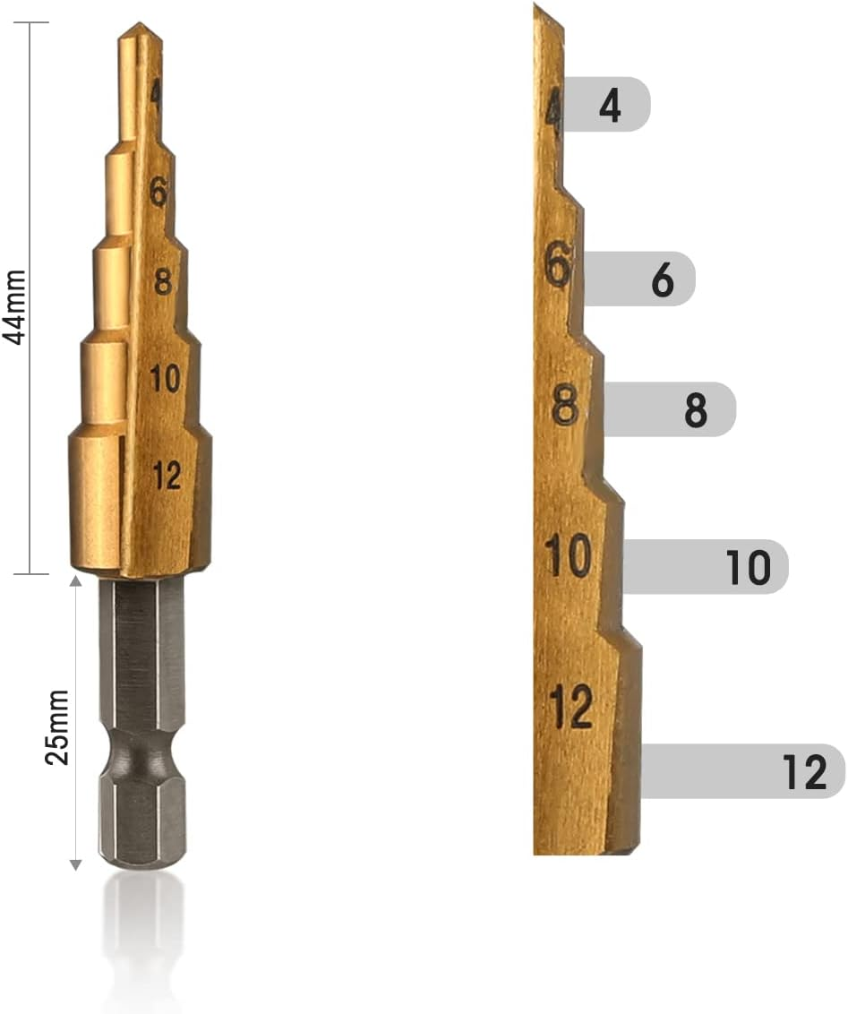 WORKPRO 3-Piece Step Drill Bit Set, 1/4" Hex Shank Quick Change High Speed Steel Titanium Coated Drill Bits for Plastic, Sheet Metal, Aluminum Hole Drilling, Well-Organized Bag Included,Metric