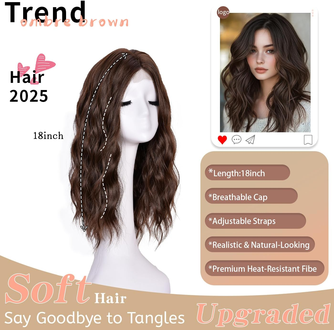 ISAMY 18 Inch Wigs for Women Medium Part Synthetic Hair Wavy Wig for Daily Use (Brown) image number 2