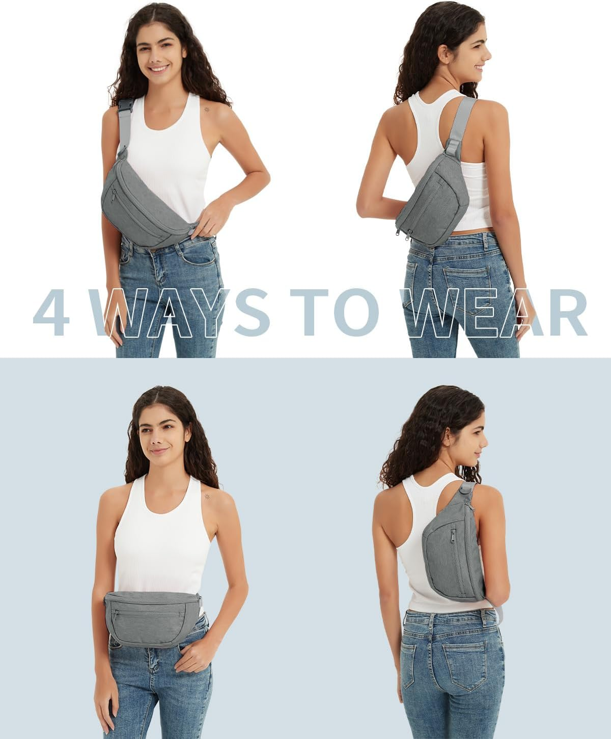 Fanny Pack for Women Men,Waist Bag Pack with Extra Extension Belt, Water Resistant Fashion Crossbody Belt Bags for Travel Walking Running Hiking, Pink Patent Pending, Grey image number 5