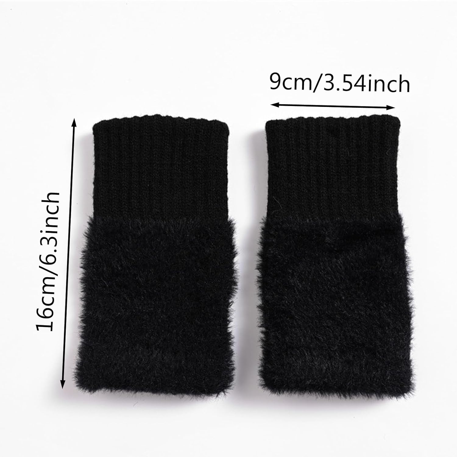 Winter Fingerless Gloves, Furry Wrist Warmers, White and Black image number 5