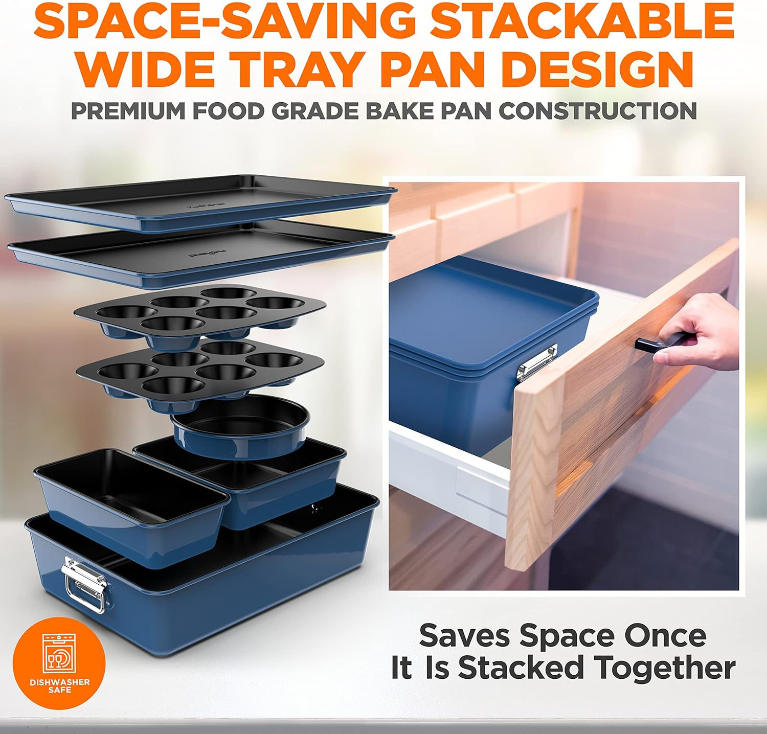 Nutrichef 8-Piece Nonstick Stackable Bakeware Set - PFOA, PFOS, PTFE Free Baking Tray Set W/Non-Stick Coating, 450&deg;F Oven Safe, round Cake, Loaf, Muffin, Wide/Square Pans, Cookie Sheet (Blue) - Black image number 5