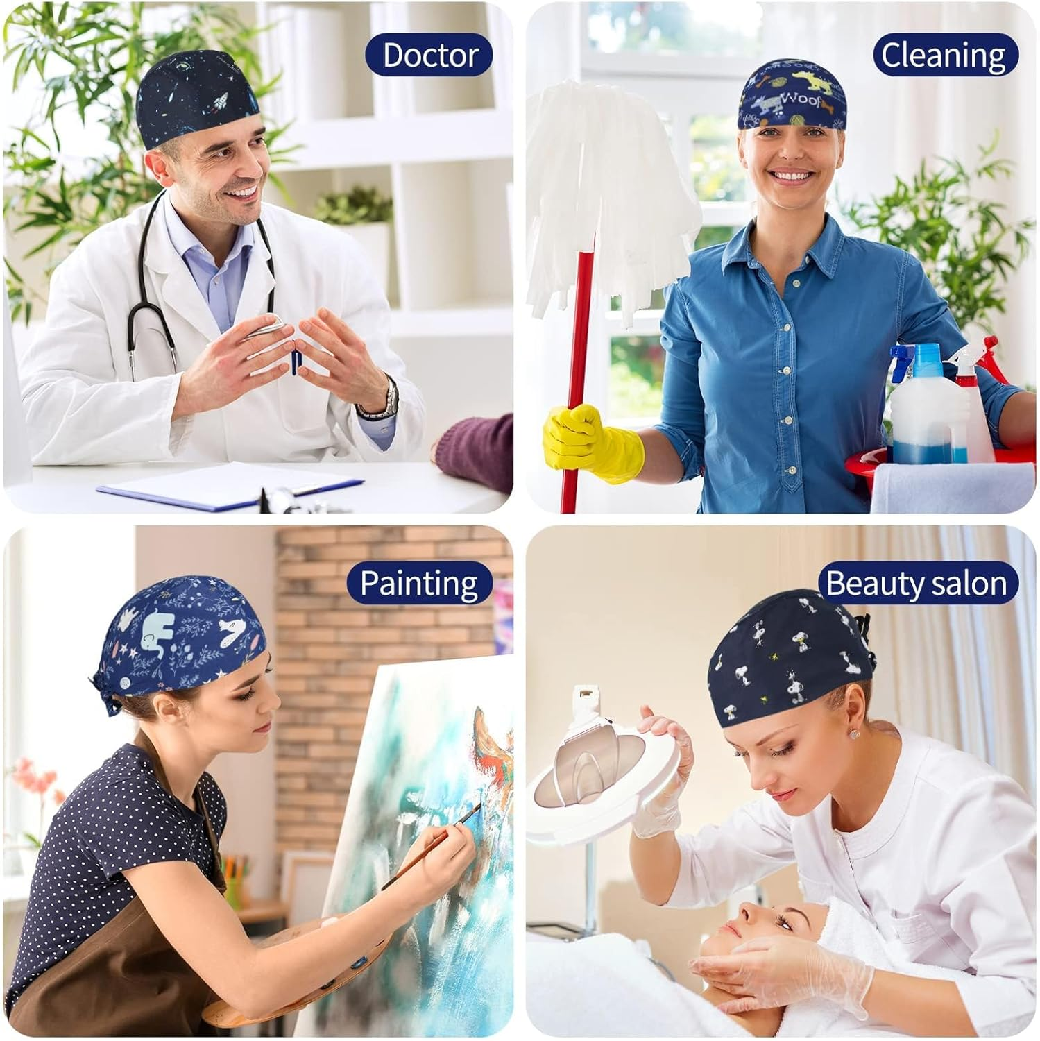 6Pcs Working Caps with Button and Sweatband, Adjustable Working Hats, Turban Cap, Printed Soft Cotton Hood for Women and Men - A image number 7