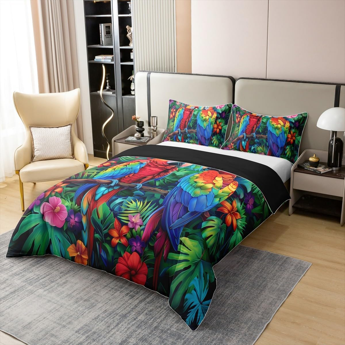 Parrot 100% Cotton Bed Linen Set, Colourful Animals Tropical Jungle Duvet Cover 135 X 200 Cm for Children, Boys, Girls, Teenagers, Palm Leaves, Flowers, Natural Duvet Cover with 1 Pillowcase Bed Set image number 2