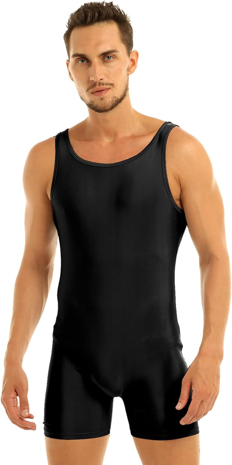 Miutii Mens Sleeveless Stretchy One Piece Bodysuit Dancewear Leotard Solid Gymnastics Bodysuit Sport Gym
