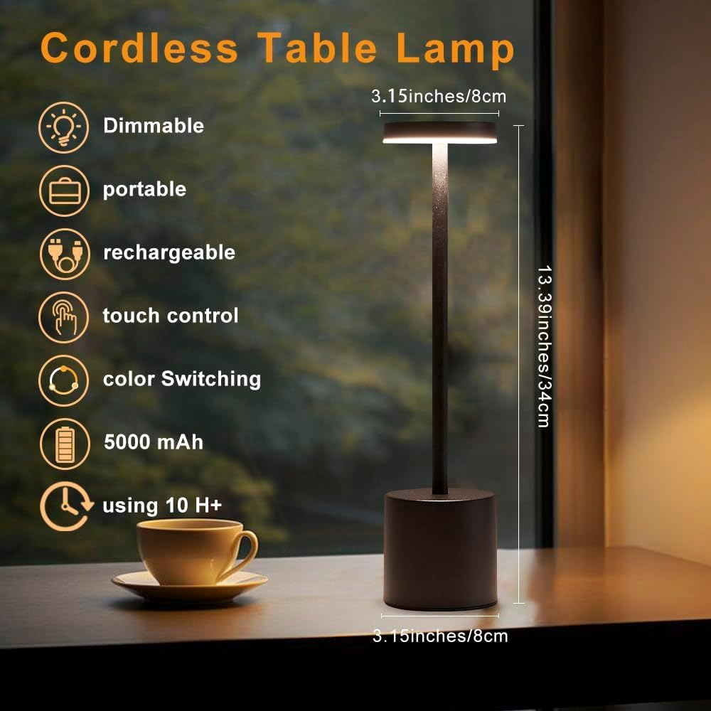 2 Pack Cordless Table Lamp, Rechargeable Lamp with 4000Mah Battery, 8-35Hrs Wireless LED Desk Lamp, 3 Color Modes Dimmable Bedside Lamp for Home Office, Caf&eacute;, Outdoor Patio image number 4