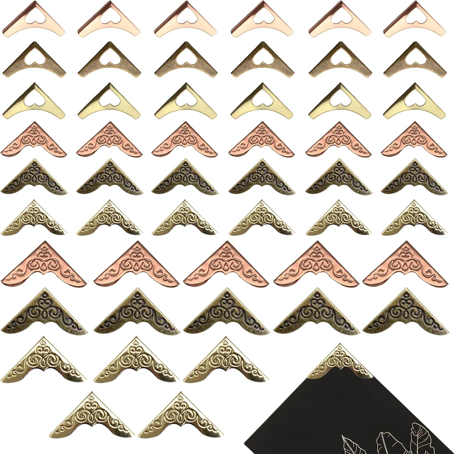 180Pcs Metal Book Corner Protector, 3 Colors Iron Guard Edge Cover for Decoration, Vintage Metal Book Corner Triangle Carved Decorative Triangle Photo Corners for Scrapbooks Notebook Album image number 3
