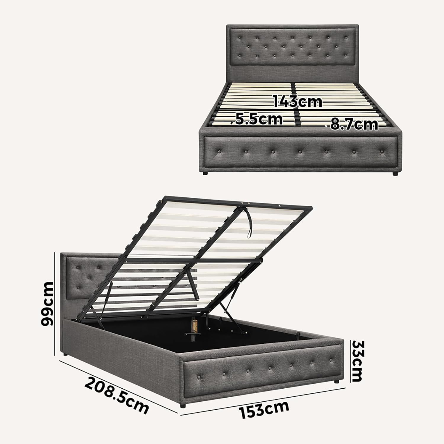 Oikiture Queen Bed Frame with Storage Space Gas Lift Bed Mattress Base Grey image number 3