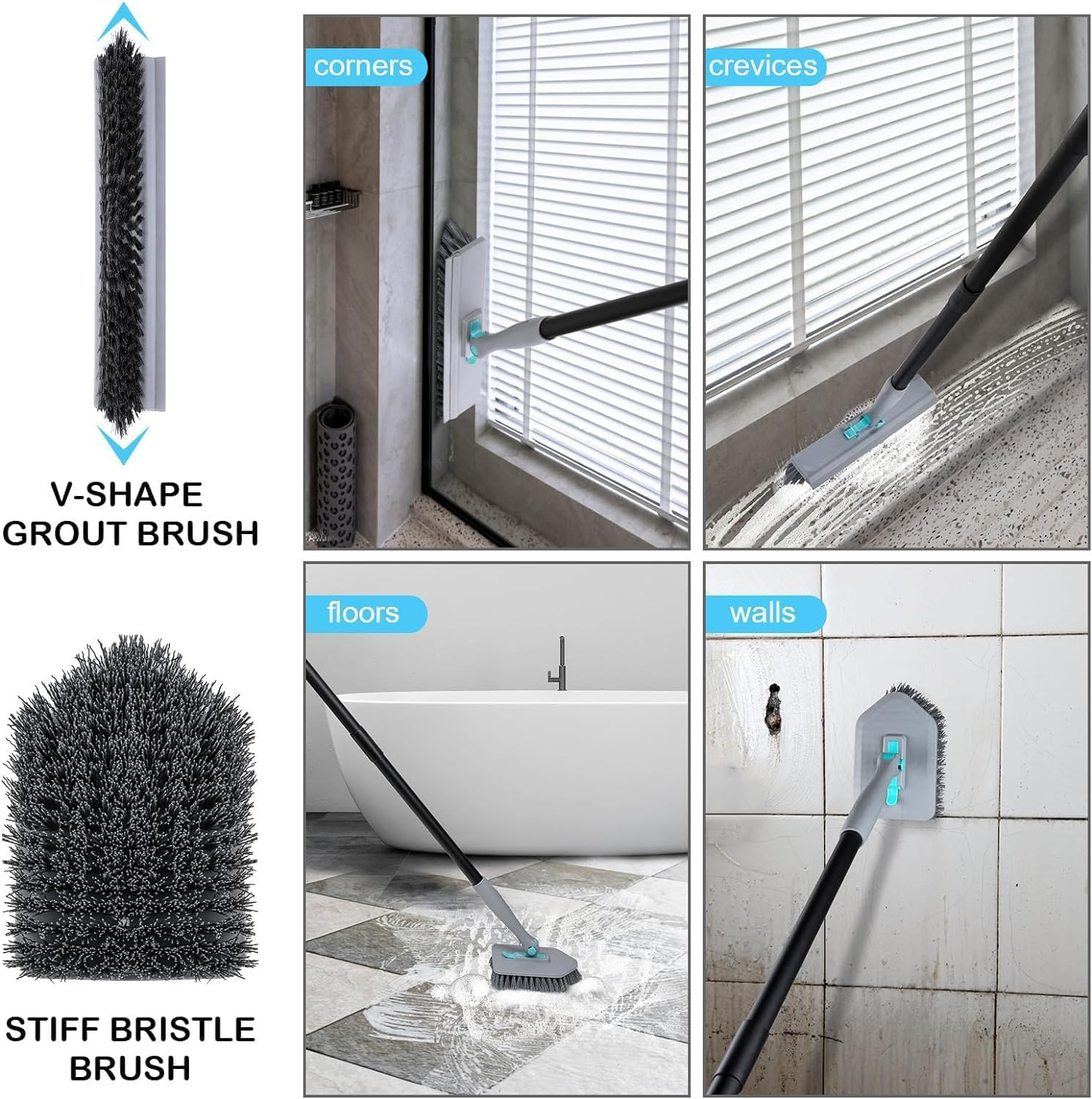 5-In-1 Shower Cleaning Brush, 180 &deg; Rotatable Long Handle Shower Cleaning Tool, Used for Cleaning Shower Bathtub Tiles, Walls, and Floors image number 2