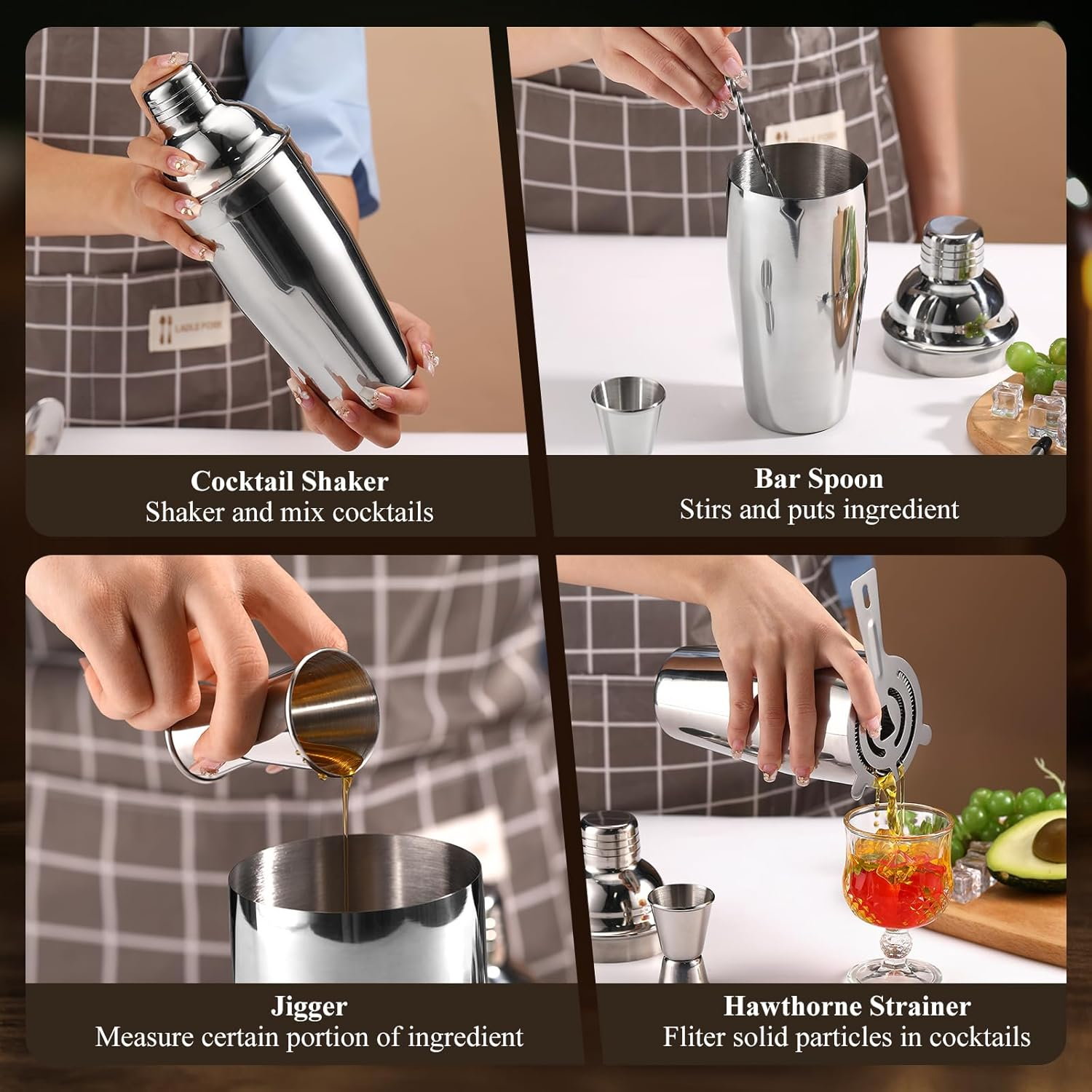 Cocktail Shaker Set 5Pcs Cocktail Making Set 304 Stainless Steel 24Oz Shakers with Strainer, Pourers, Double Jigger, Mixing Spoon at Home & Bar Gift Martini Shaker Set image number 5