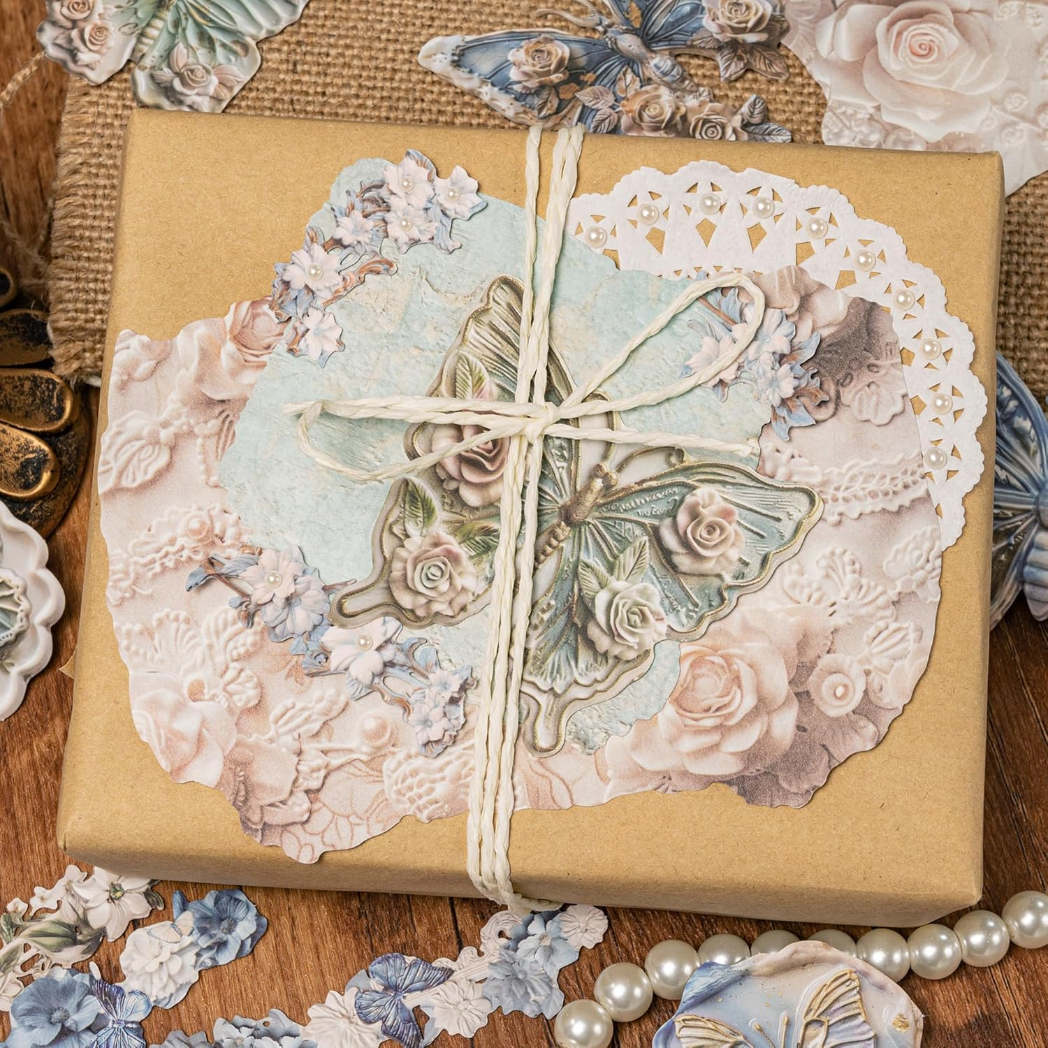 Aesthetic Butterfly Themed Sticker Embossed Flower Pattern Decorative Paper Set Retro Strip Decal Vintage Decoupage Pack for Scrapbook Supplies Journal Kit Card Making Collaging (Penny) image number 6