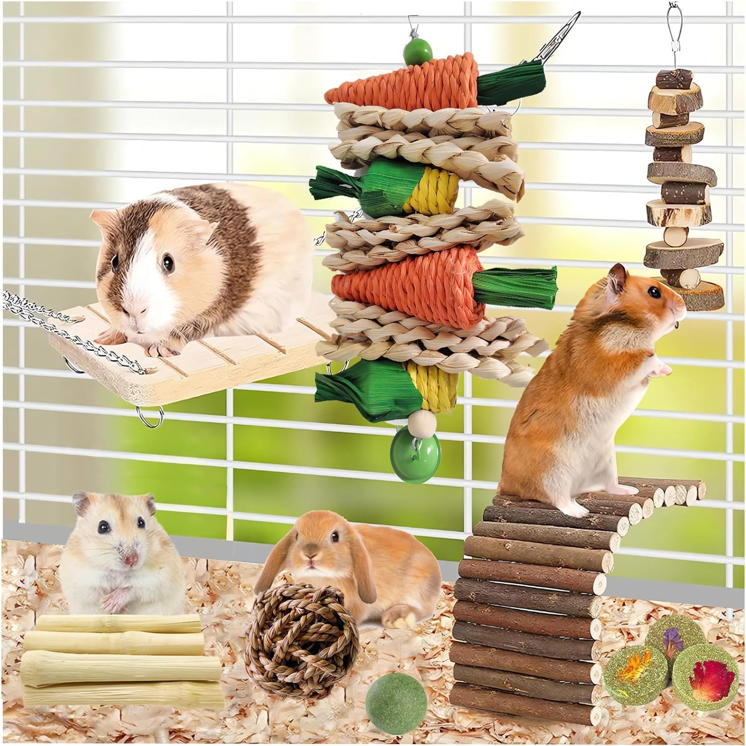 Rabbit Chew Toys, Natural Bunny Chew Toys, Hamster Chew Toys Set, Small Pets Teeth Care Molar Exercise Bunny Toys for Rabbits, Guinea Pig, Hamster and Other Small Animals image number 3