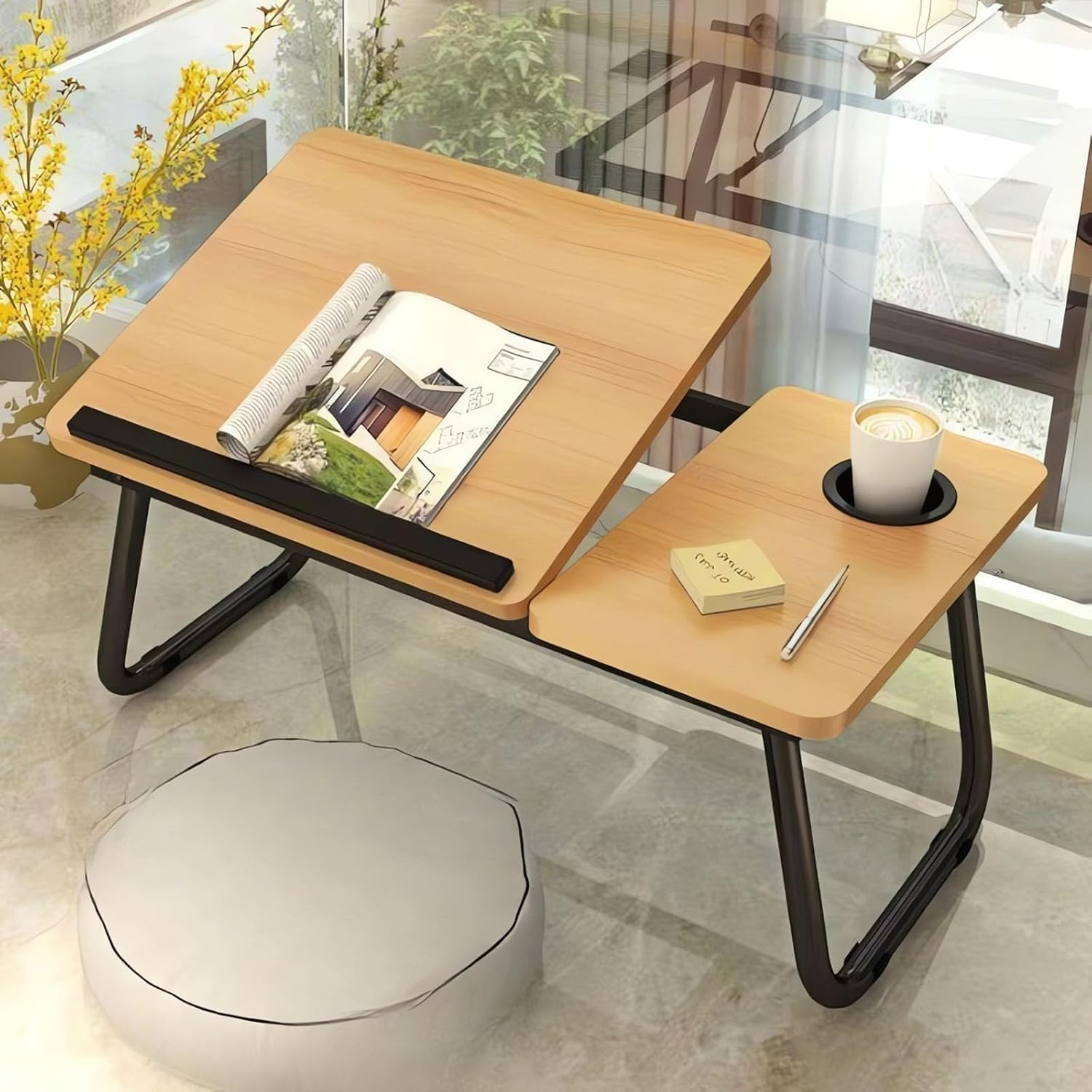 Hbluefat Folding Laptop Desk, 21.5 Inches Wood Breakfast Serving Bed Couch Tray with Adjustable Tilting Top and Cup Holder, Portable Lap Stand for Reading Writing Eating (Walnut)