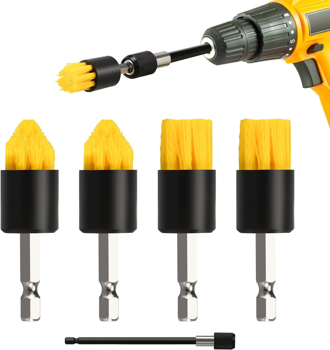 Mini Drill Brush Attachment Set, Includes 2 Tapered Brushes & 2 Flat Brushes, 1 Extension Rod, Small Corner Brush for Detailing Deep Cleaning(5Pcs)