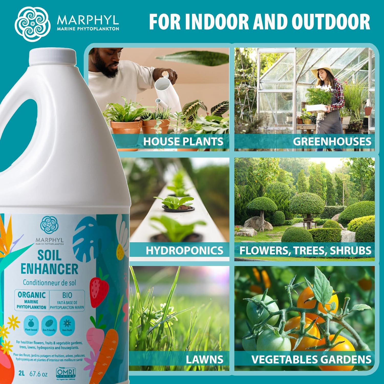 MARPHYL Organic Liquid Fertilizer Outdoor & Indoor Plant Food, All-Purpose, Nutrient-Rich Lawn Fertilizer & Soil Enhancer for House Plants, Flowers, Vegetables, Succulents, Bamboo, Hydroponics 4L