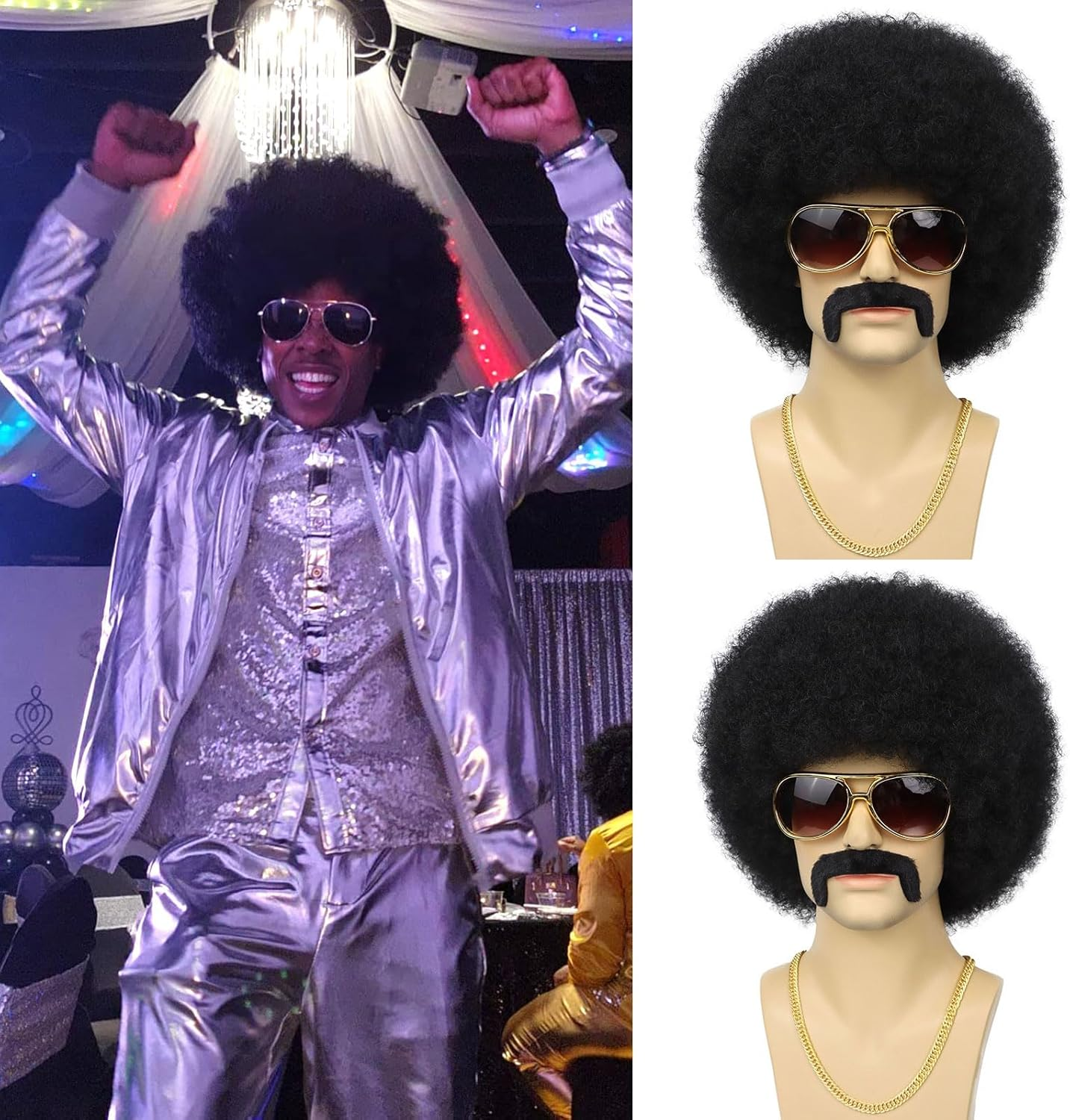 Mens Afro for 70S Rocker Disco Party 5Pcs Set (Wig+ Glasses+ Disco Necklace+ Mustache+ Wig Cap) Afro Puff Wigs for 70S 80S Halloween Costume Cosplay image number 3