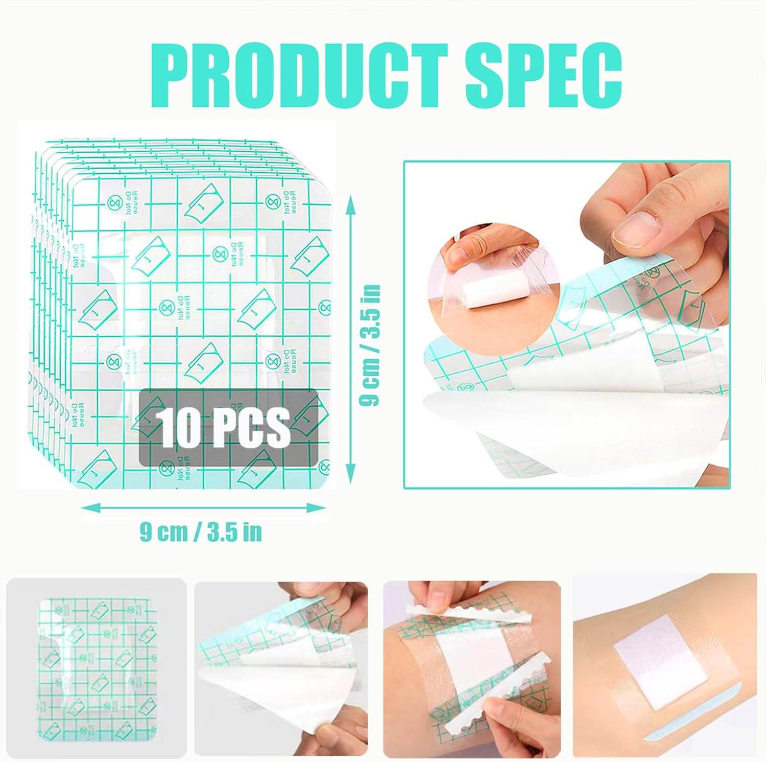 Section Adhesive Island Dressings Pads,Wound Cover Barrier Absorbent Patche,Waterproof Transparent Film Bandage-10Pcs-9 * 9CM image number 3