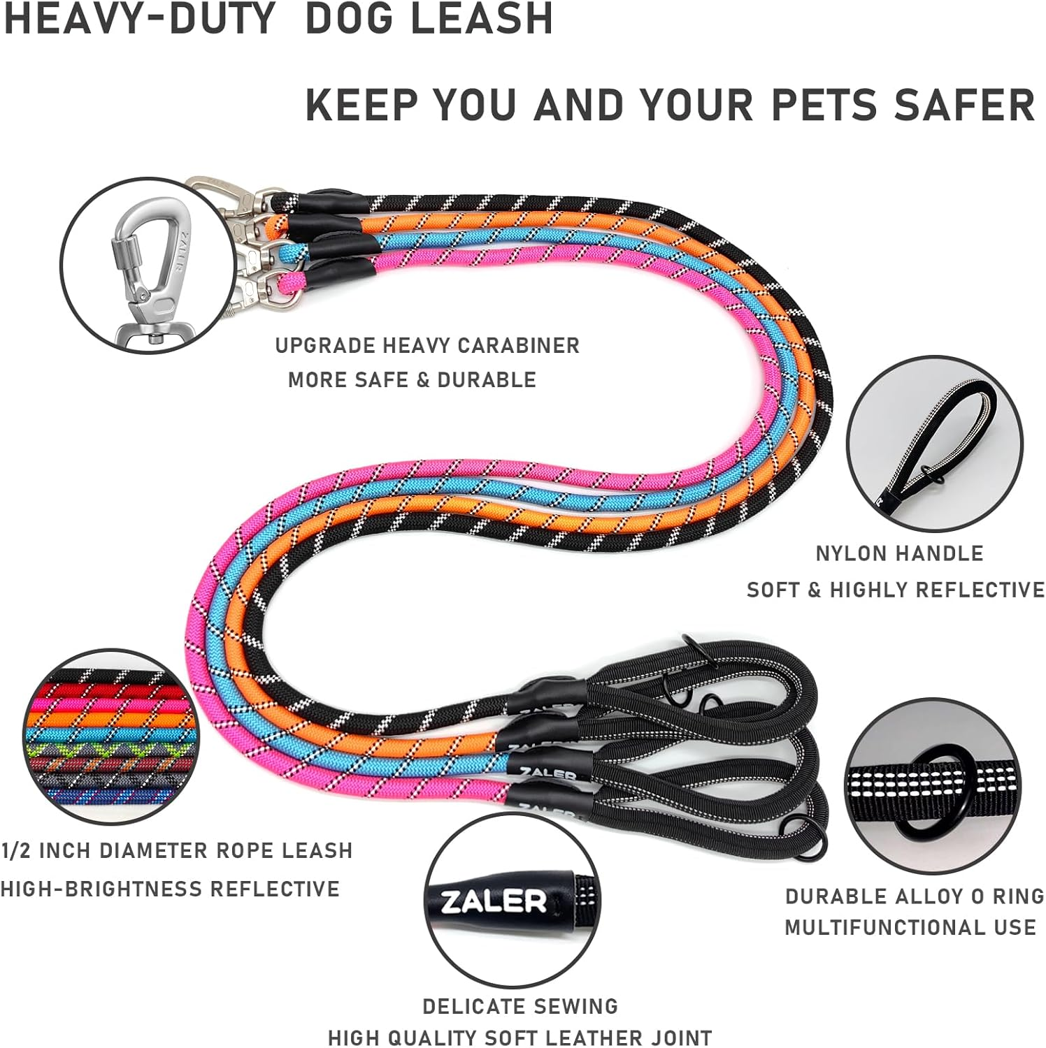 ZALER Rope Dog Leash, 4/5/6/10/15/20/30/50 Foot Reflective Dog Leashes with Carabiner, Heavy Duty Pet Lead for Large and Medium Dogs (4FT, Black) image number 6