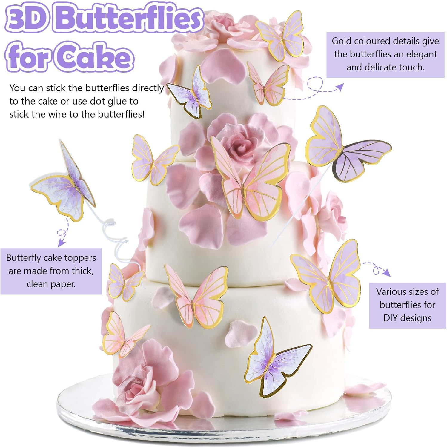 160Pcs Purple & Pink Butterfly Cake Toppers, Gold Edge Mixed Size Lively 3D Butterfly Cake Decorations for Birthday Wedding Cake Cupcake Decor Wall Party Supplies image number 5