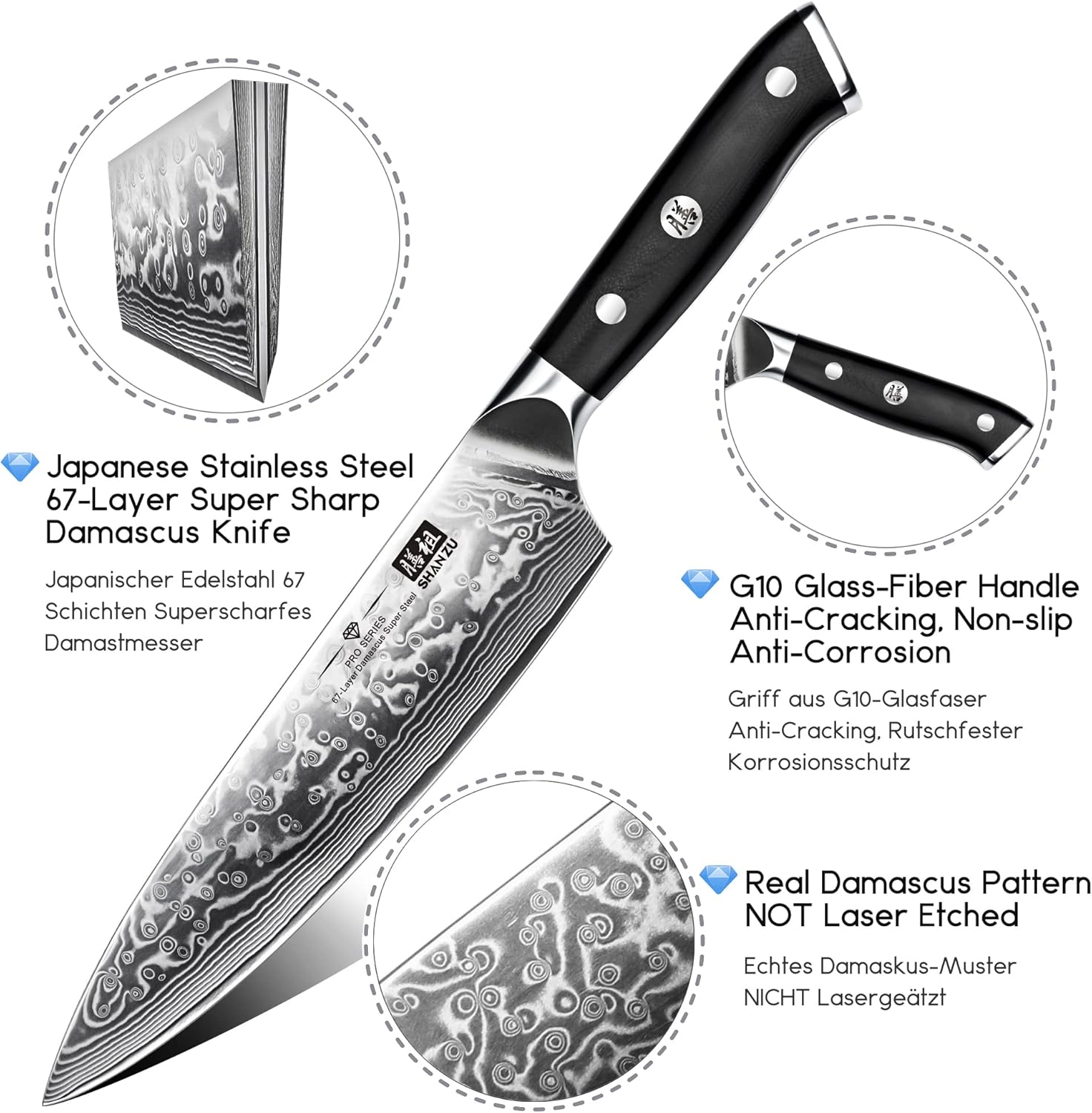 SHAN ZU Chef Knife 8 Inch Japanese Steel Damascus Kitchen Knife, Professional Kitchen Knives Sharp High Carbon Super Steel 67 Layers Kitchen Utility Knife with G10 Handle image number 1