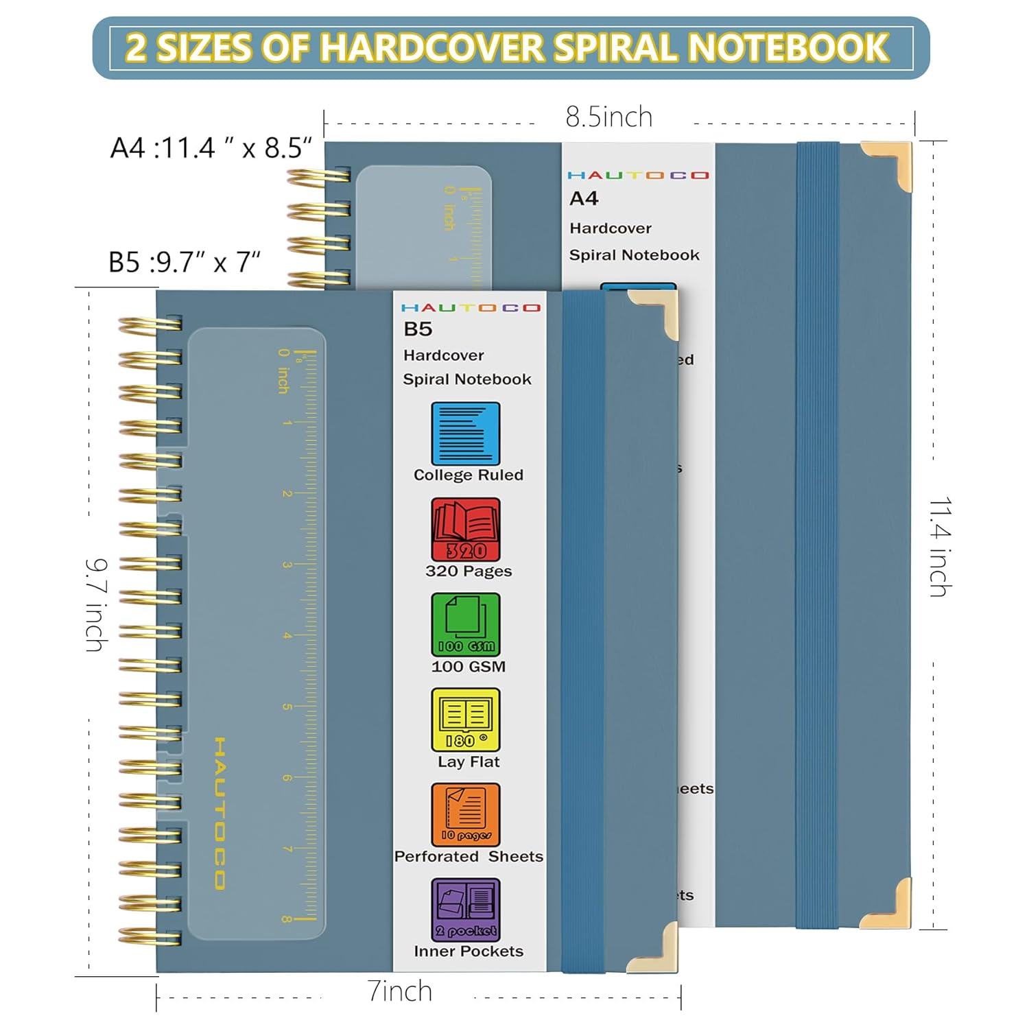 HAUTOCO Spiral Notebook Journal 8.5"X 11", College Ruled Leather Notebook with 320 Pages, 100 GSM Paper, A4 Hardcover Notebook, Lined Journaling Notebooks for Work, Office, School, Business, Airy Blue image number 2
