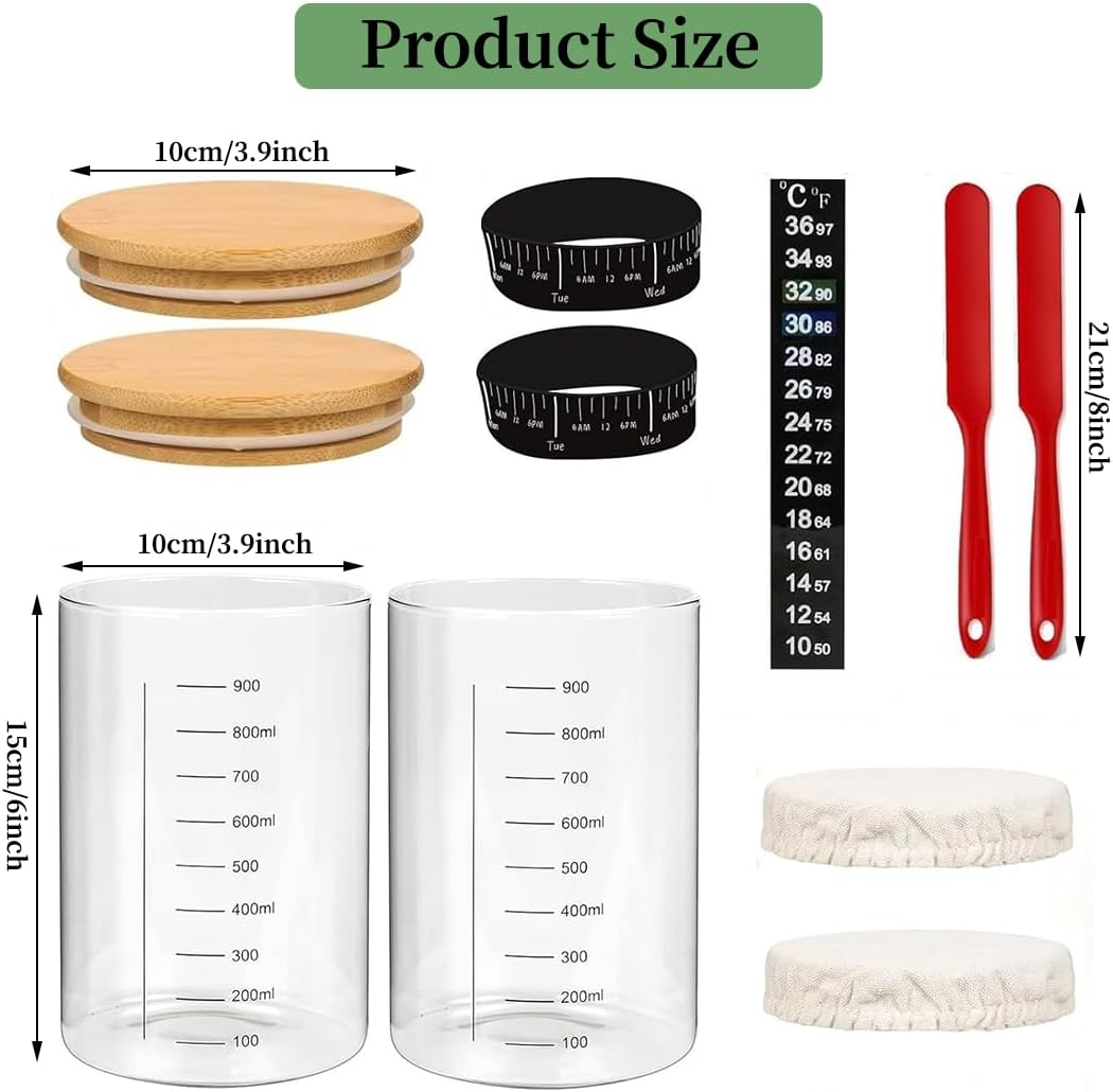 REASOR 2 Pack Sourdough Starter Jar Kit,35 Oz Glass Jars with Wooden Lids, Cloth Covers, Date Tracking Bands, and Silicone Spatulas for Artisan Bread Making image number 6