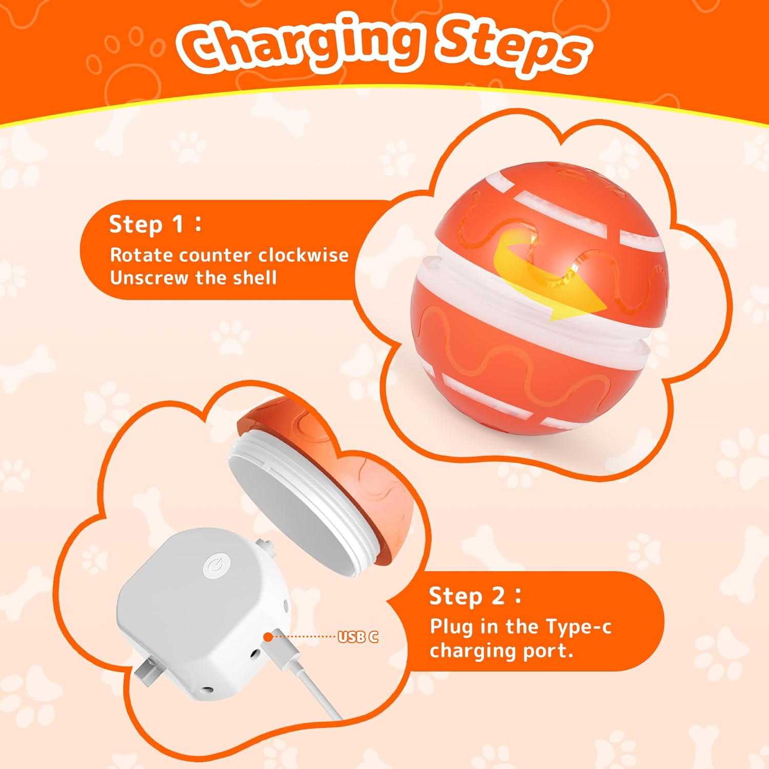 LOVELEDI Interactive Dog Toys - Tough Dog Ball Chew Toy, Automatic Motion Activated Interactive Pet Toys for Small/Medium/Large Dogs for Indoor/Outdoor Boredom Enrichment, USB Rechargeable, Orange image number 2