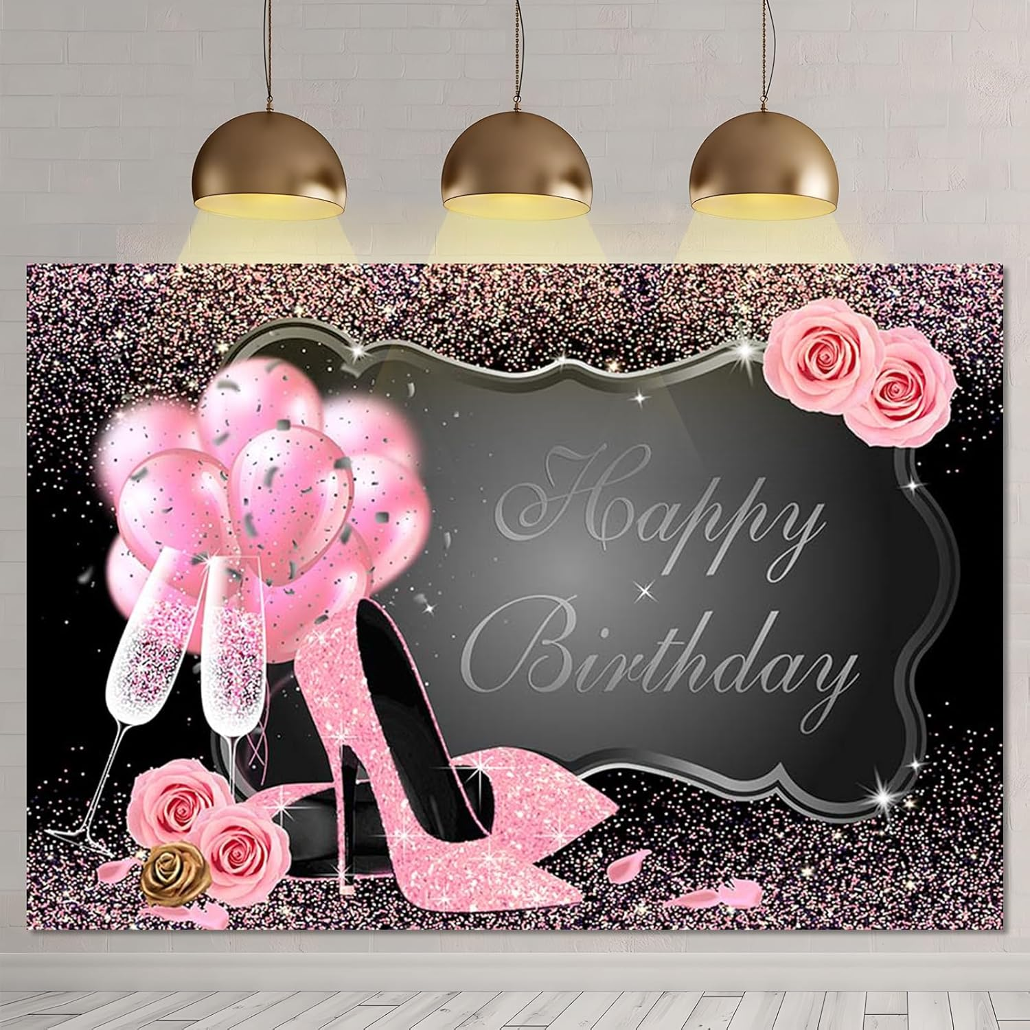 APROPHIC Girls Female Birthday Background Glitter Photo Photography Background Happy Birthday Party Banner High Heels Champagne Pink Balloon Decoration Cake Table Accessories 210 X 150 Cm image number 5