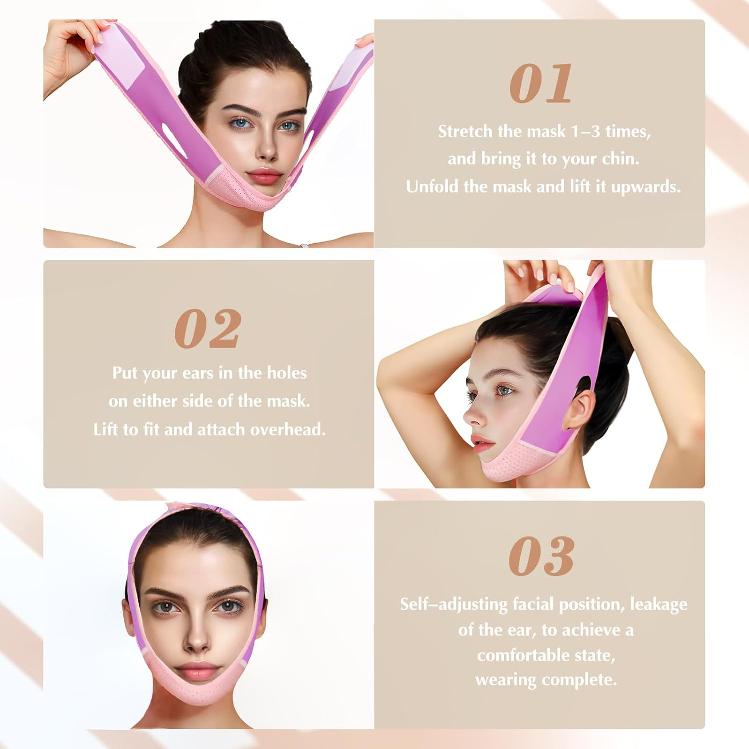 Reusable V Line Lifting Mask with Chin Strap, V Shaped Face Mask for Sagging, Jaw Exerciser (Pink and Purple) - Colorful image number 2