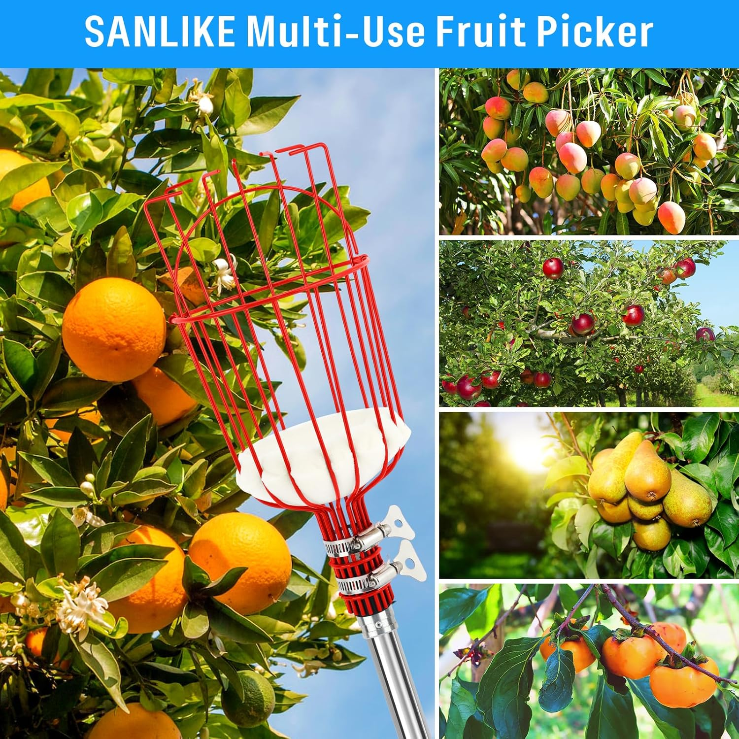 SANLIKE Fruit Picker Pole with Basket 13 FT Adjustable Higher Lightweight Fruit Grabber Tool with Extension Pole for Apple Avocado Lemon Peach Pear Mango and Other Fruit Tree Harvester image number 5