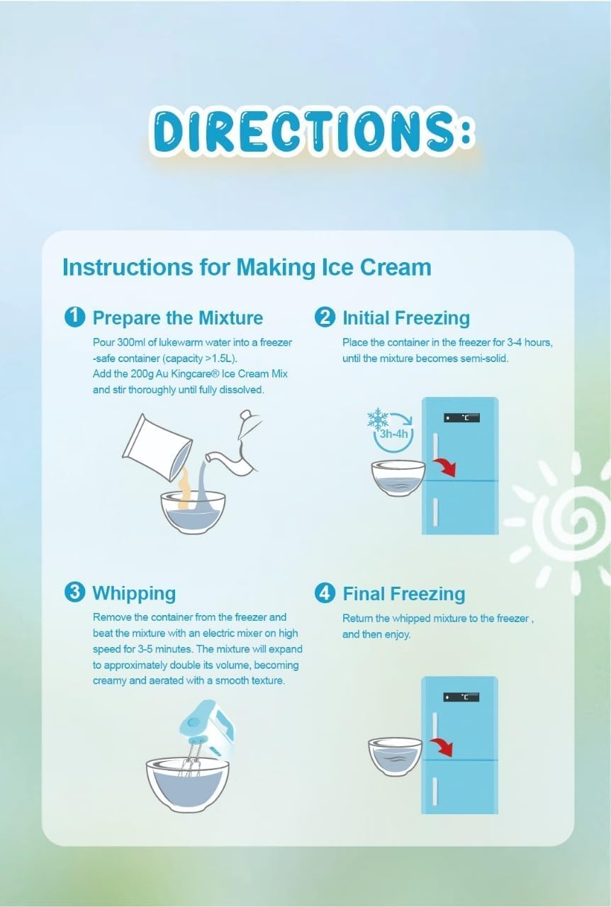 Au Kingcare Homemade Ice Cream Powder 200G*4 Packs &ndash; Makes 4 Litres &ndash; Natural Ingredients, Pure Taste, Easy to Make