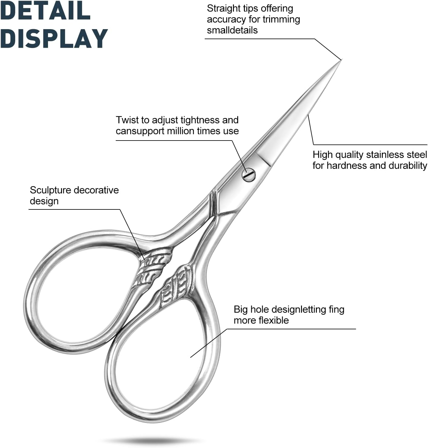 Small Facial Hair Scissors, Stainless Steel (Silver) Straight Tip Snips Beauty Grooming Kit for Eyebrows, Beard, Ear, Nose, Moustache Trimming with PU Case