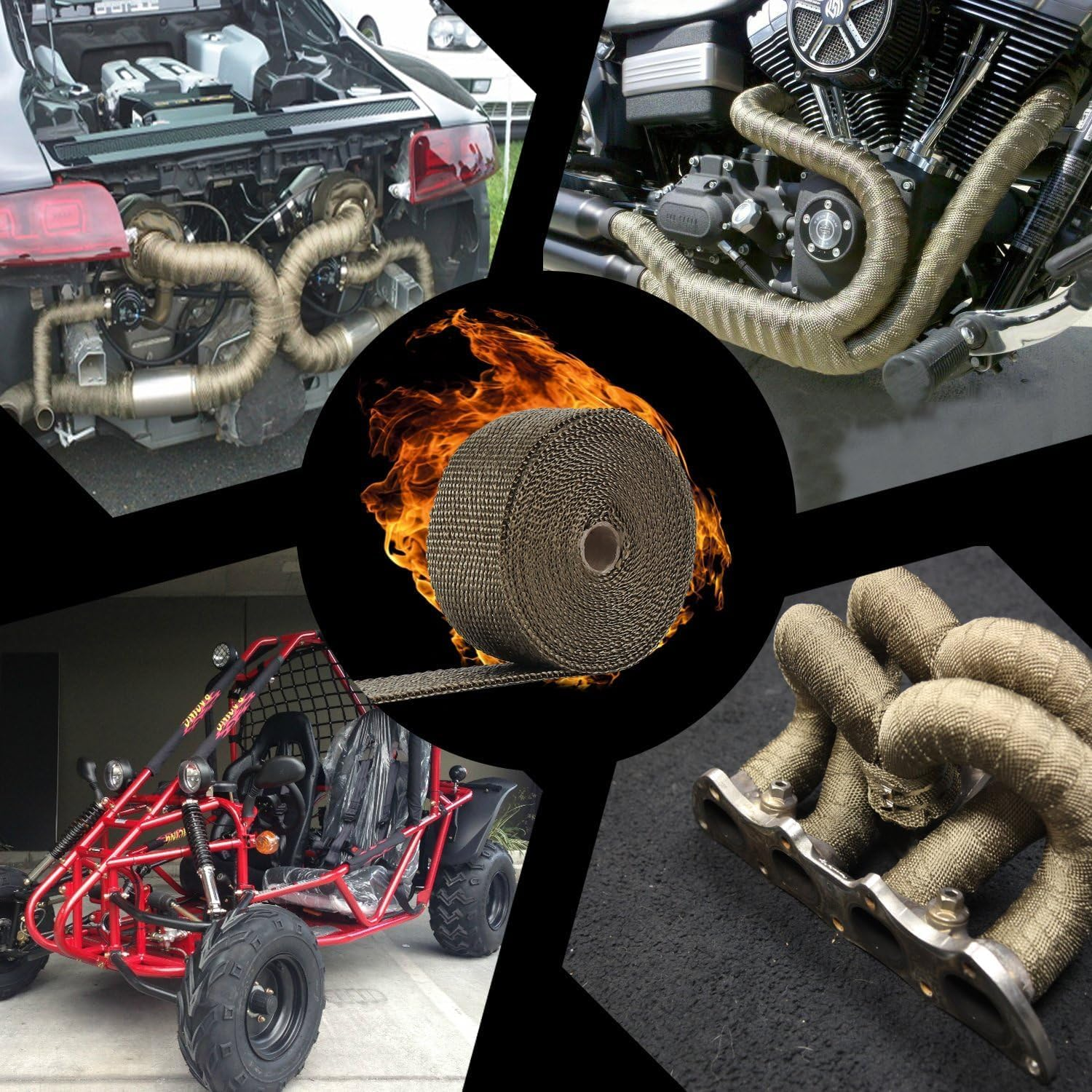 Walquicks 1 Pcs 15M X 5Cm Exhaust Heat Wrap Roll Fiberglass Heat Shield Wrap with 10Pcs Stainless Locking Ties Assortment Kit, Perfect for Motorcycle Fiberglass Heat Shield Tape - Black image number 2