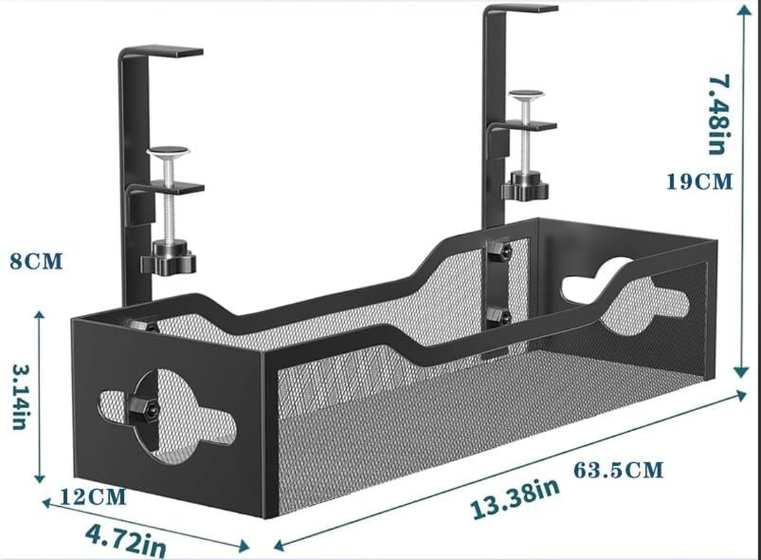 Under Desk Cable Management Tray No Drill,Metal Mesh Cable Tray with Clamp for Desk Wire Management, 2 Hole Cable Tray with Desk Wire Management and Desk Cord Organizer for Office, Home (Black) image number 3