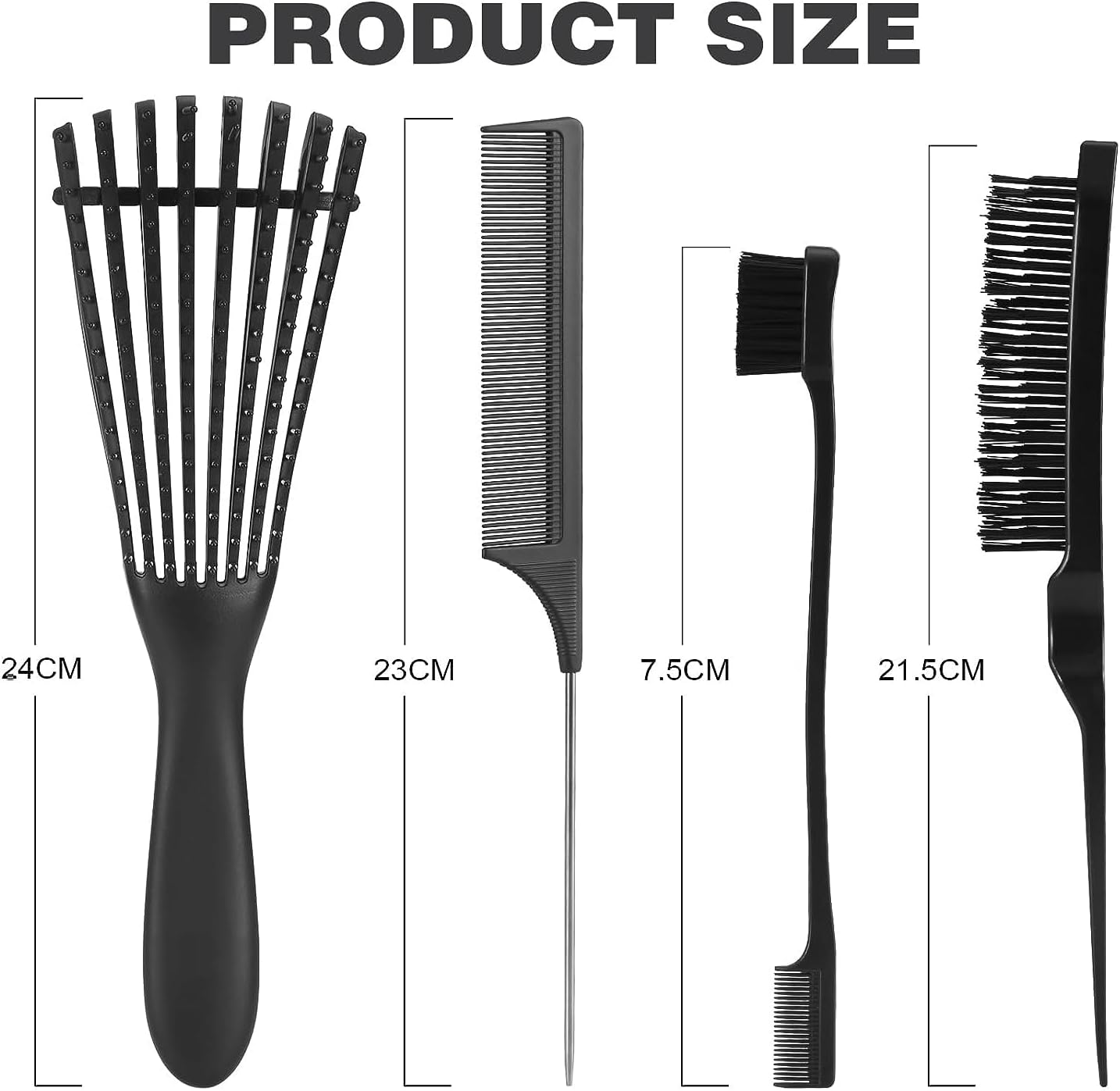 Detangling Brush with Hair Styling Comb Set, Hair Brushes for Women Men Kids Curly Hair, Hair Brush Set Include Detangler Brush Teasing Hair Brush Rat Tail Comb Edge Brush (Black)
