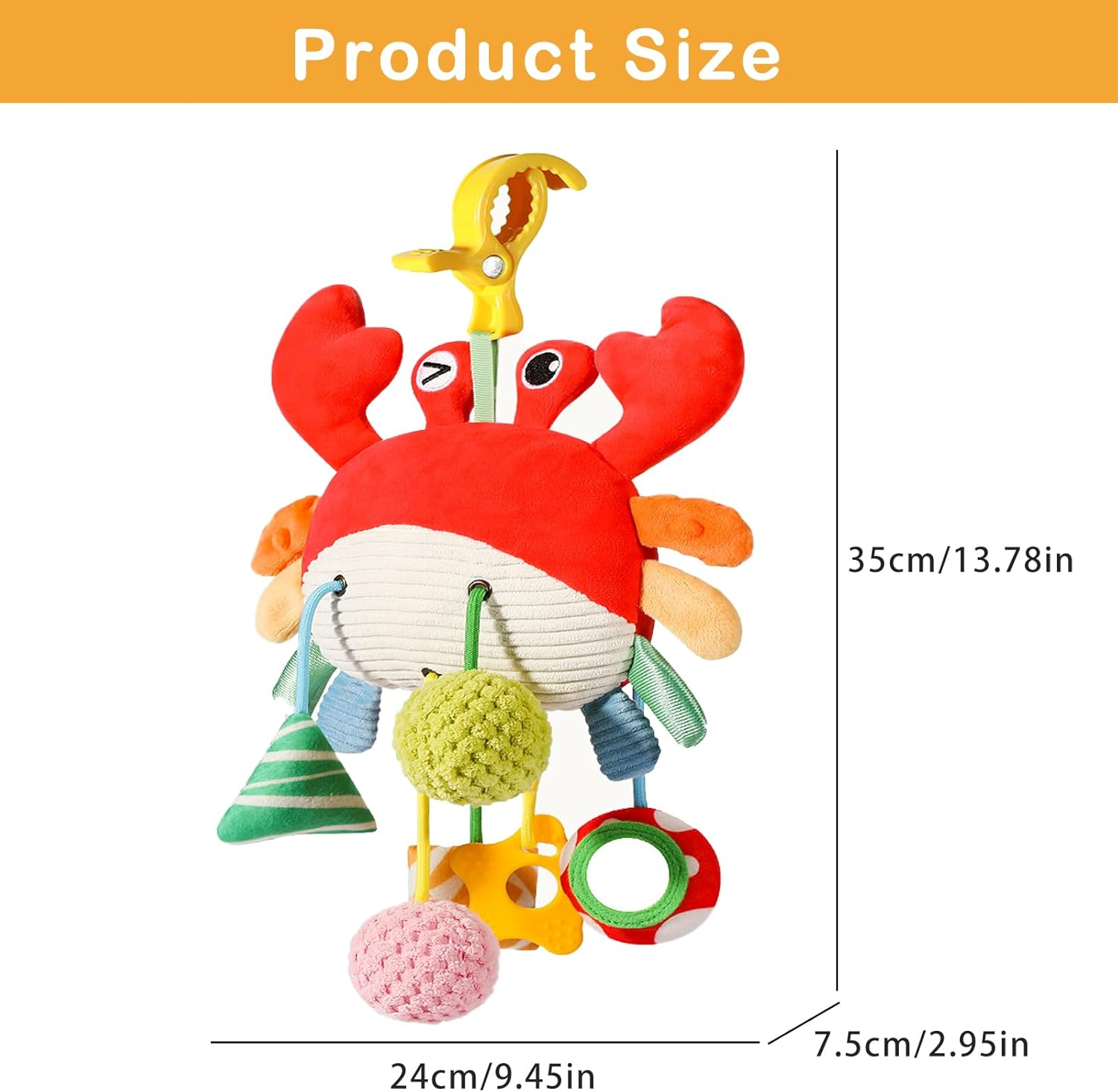 Baby & Toddler Toys, Soft Plush Crab Baby Sensory Toys with Rattle and Multiple Textures, Interactive Hanging Toy for Stroller or Car, Newborn Infant Gift image number 2