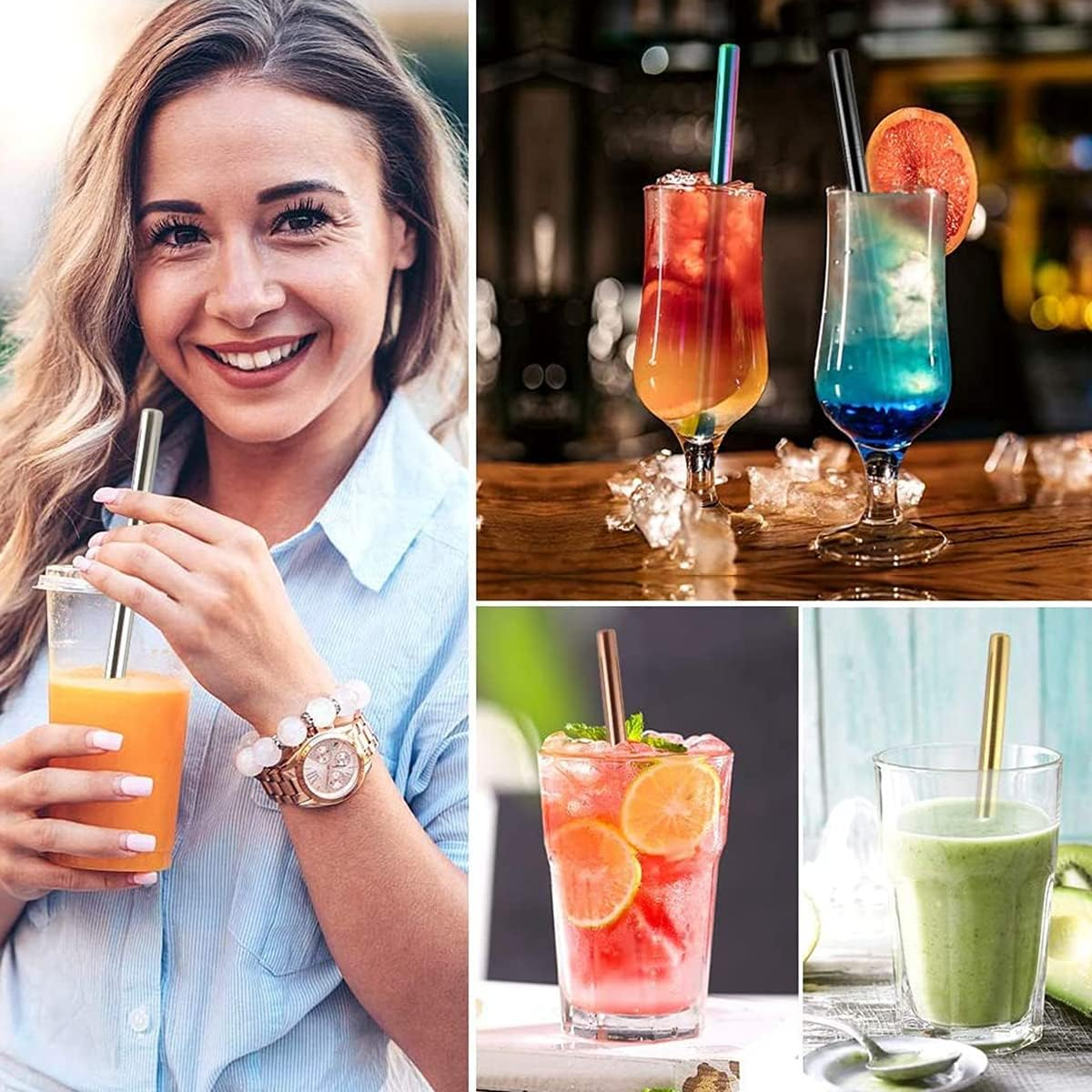 7 Pcs 8.5" Reusable Boba Drinking Straws 304 Stainless Steel Straws Set with 2 Cleaning Brushes Wide Metal Straw for Bubble Tea Milkshakes Smoothie Bar Accessory (Gold) - Mixed Color image number 4