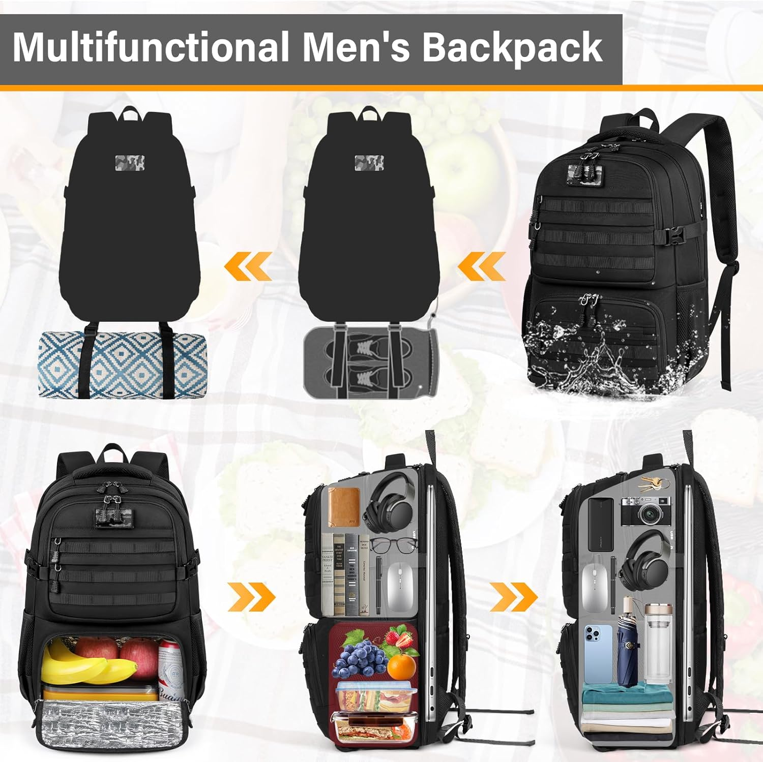 Lunch Backpack for Men & Women 17.3 Inch Laptop Backpack with USB Charging Port Waterproof Tactical Work Backpack with Insulated Lunch Bag for Travel, College, Business with MOLLE Design