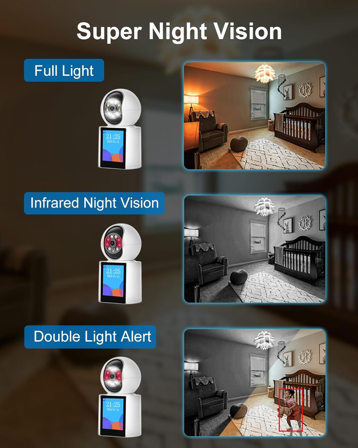 Two Way Video Calling Indoor Camera with 2.8-Inch IPS Screen, 2K Wifi Baby/Elder/Dog/Pet Camera with Phone App, Human/Sound/Crying Detection, One-Button Call, Color IR Night Vision image number 6