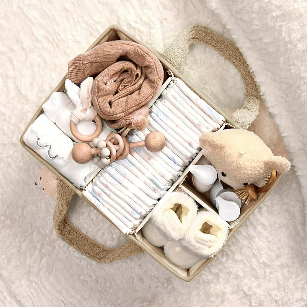 Baby Diaper Caddy Organizer,Nappy Storage Basket for Diapers and Wipes,With Bear, Portable Nursery Car Diaper Organizer image number 2