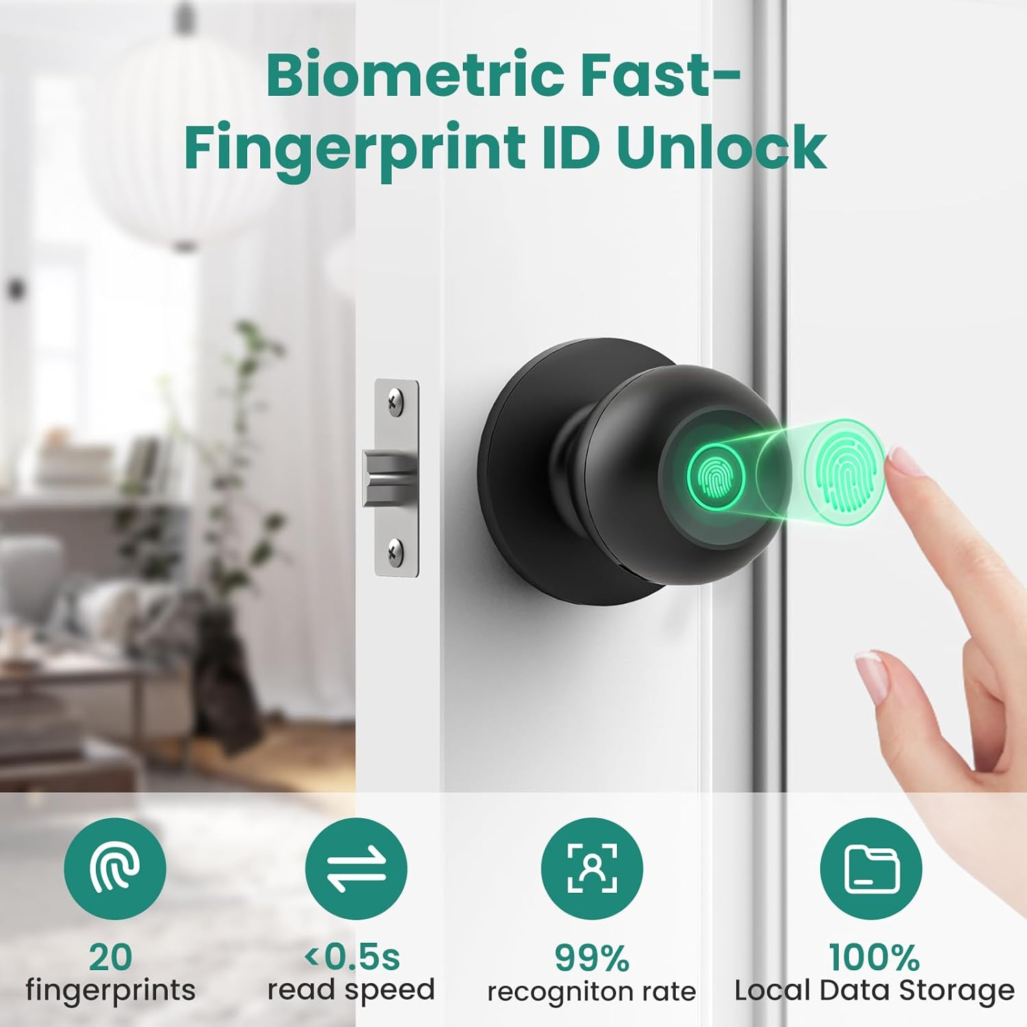 Ghome Smart Fingerprint Door Lock, Door Knob with App Smart Lock for Bedroom Door, Keyless Entry, Type-C Port Emergency Charging, Biometric Lock Great for Room, Garage, Office, Apartment (Matt Black) image number 2