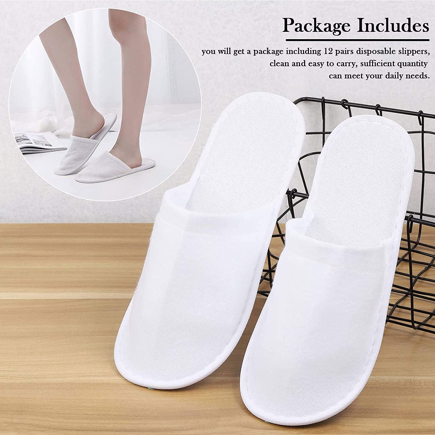 12 Pairs Disposable Spa Slippers Non-Slip Unise for Hotel Home White image number 2