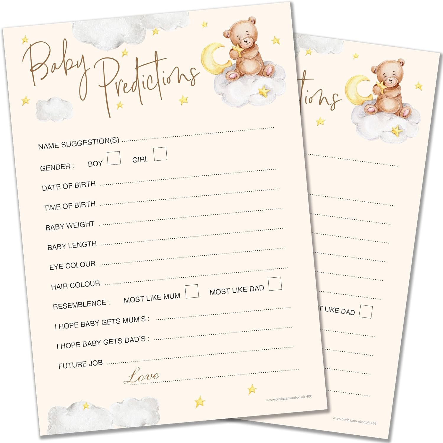 20 X A5 Baby Prediction Cards Teddy Bear Themed Baby Shower Game &ndash; Unisex &ndash; Made in the UK image number 4