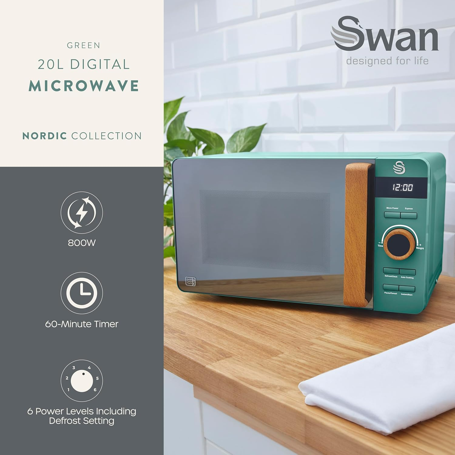Swan SM22036LGREN Nordic LED Digital Microwave with Glass Turntable, 6 Power Levels & Defrost Setting, 20L, 800W, Green image number 6