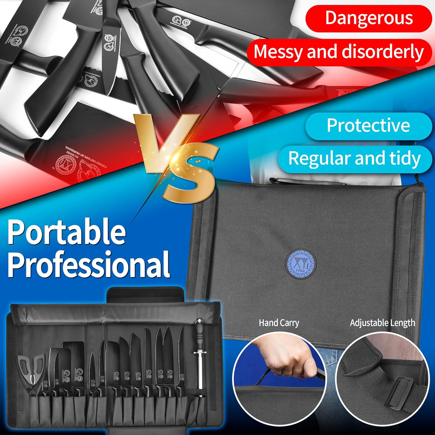 XYJ Knives,Professional Knife Sets for Master Chefs,Meat Cleaver Butcher for Camping,Chef Knife Set with Bag,Birthday Gifts for Women Men Presents (Full Black) image number 4