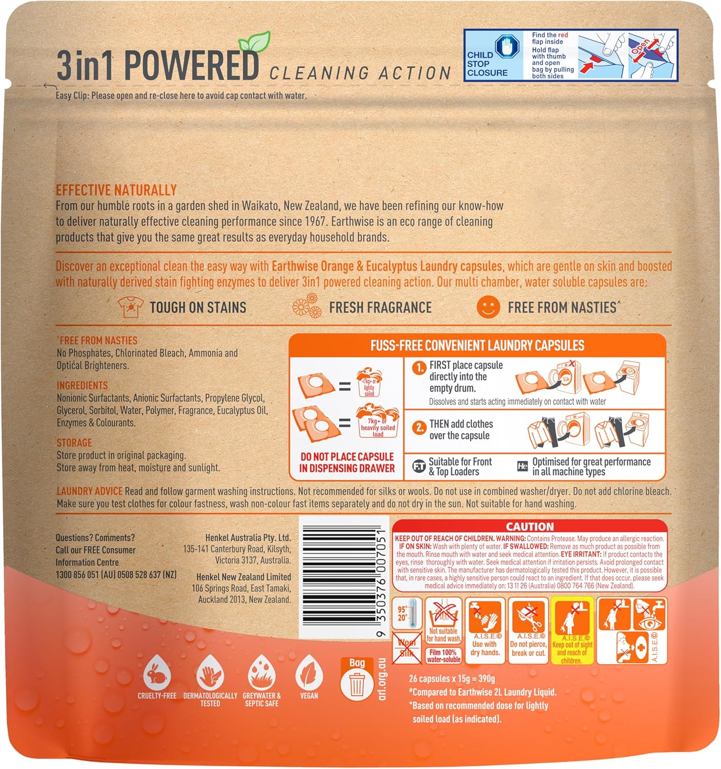 Earthwise Orange & Eucalyptus Laundry Washing Detergent Capsules, 26 Pack, 26 Washloads, Suitable for Front & Top Loader, Tough on Stains, 3In1 Powered Cleaning Action with Naturally Derived Enzymes image number 1