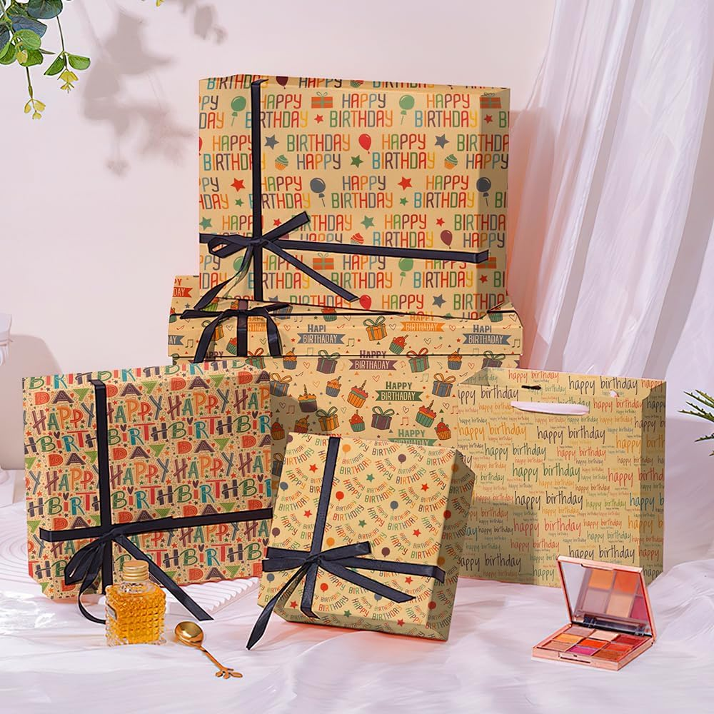 Rugwioyu Happy Birthday Paper 12 Sheets 20X27In Folded Flat Gift Wrapping Paper 4 Style Sports & Birthday Themed Gift Wrapping Supplies image number 1