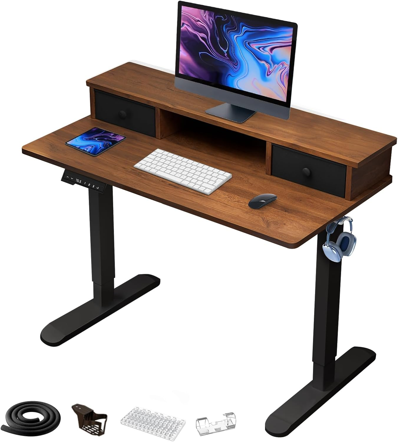 Ixtra Electric Standing Desk 100X60Cm with 2 Drawers Height Adjustable Whole Piece Desktop Storage Shelf Hook Cup Holder Cable Management Walnut image number 3