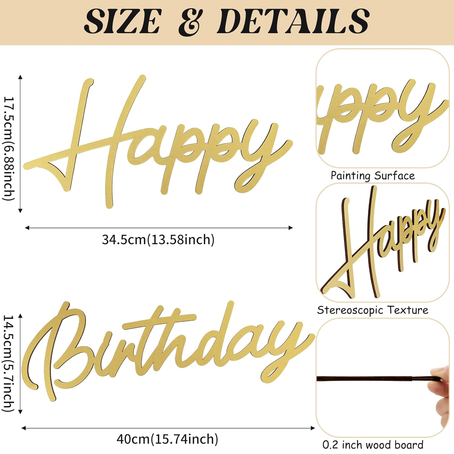 Happy Birthday Wooden Sign with Gold Painted Cutout Wooden Happy Birthday Letters Sign Vintage Rustic Party Decoration Backdrop Wall Photo Prop（Gold） - Gold image number 6