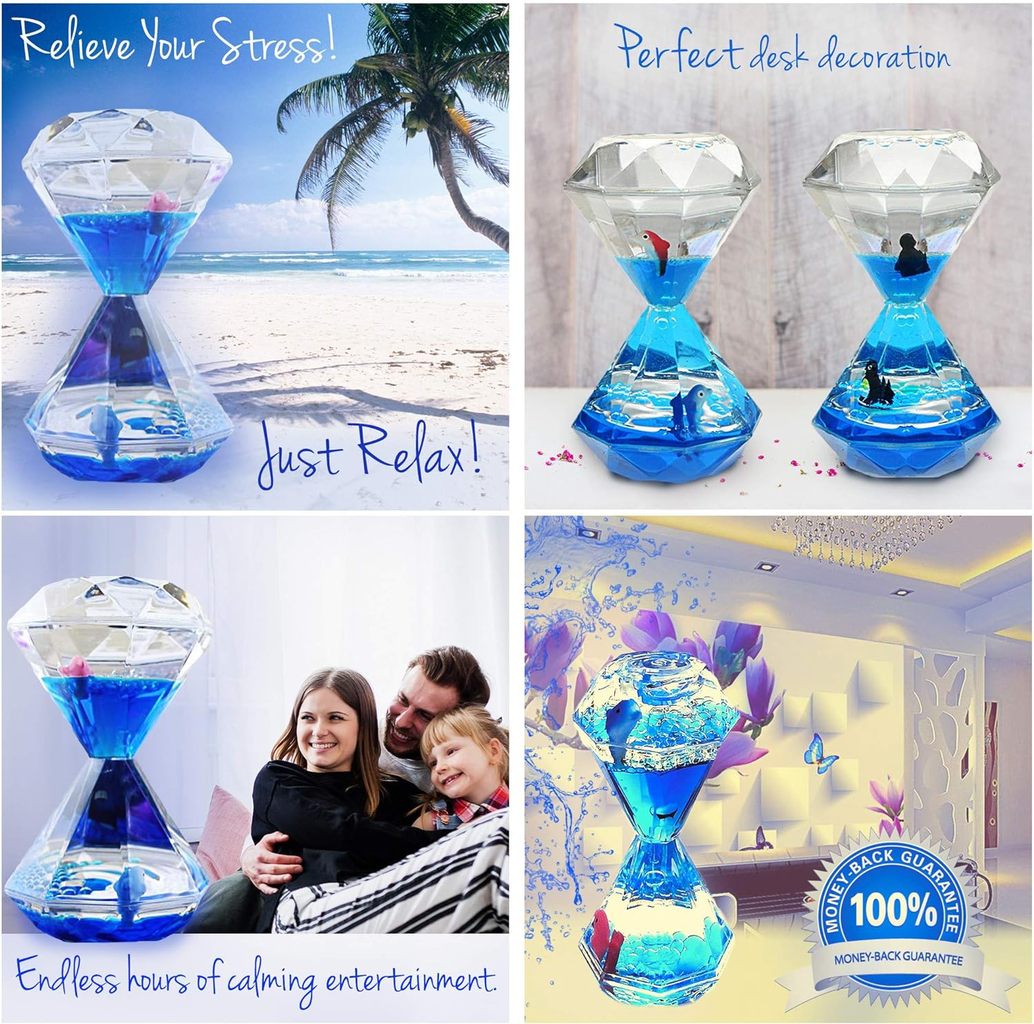 Liquid Motion Bubbler Timer/Floating Marine Life Sea Creatures, Diamond Shaped Liquid Timer for Fidget Toy,Autism Toys, Children Activity, Calm Relaxing,Penguin Desk Toys and Home Ornament