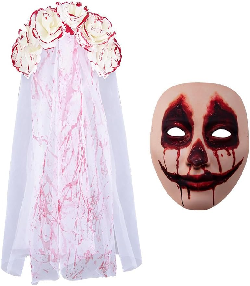 Halloween Mask,Scary Halloween Mask with Veil - Ghost Bride Costume Set for Women, Horror Party Accessories, Day of the Dead Makeup image number 1